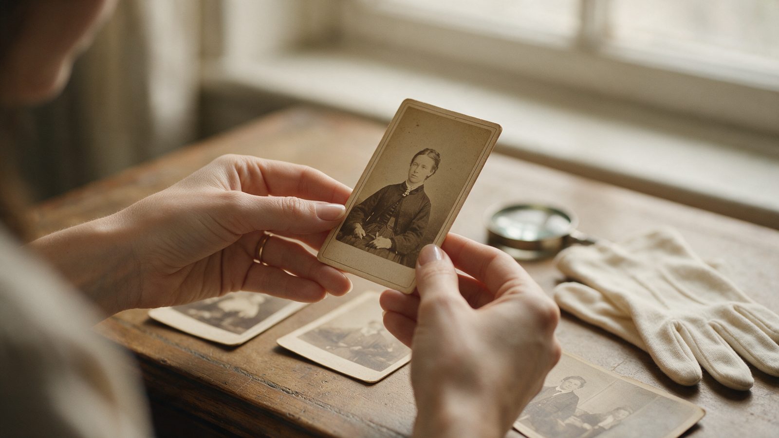 Hands holding an antique cabinet-card photograph up to the light, other unidentified portraits and archival gloves nearby