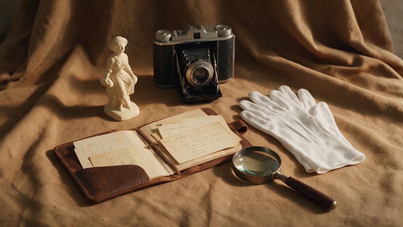 A vintage camera, a plaster figurine, an open leather notebook of handwritten index cards, and archival gloves on a warm brown canvas.